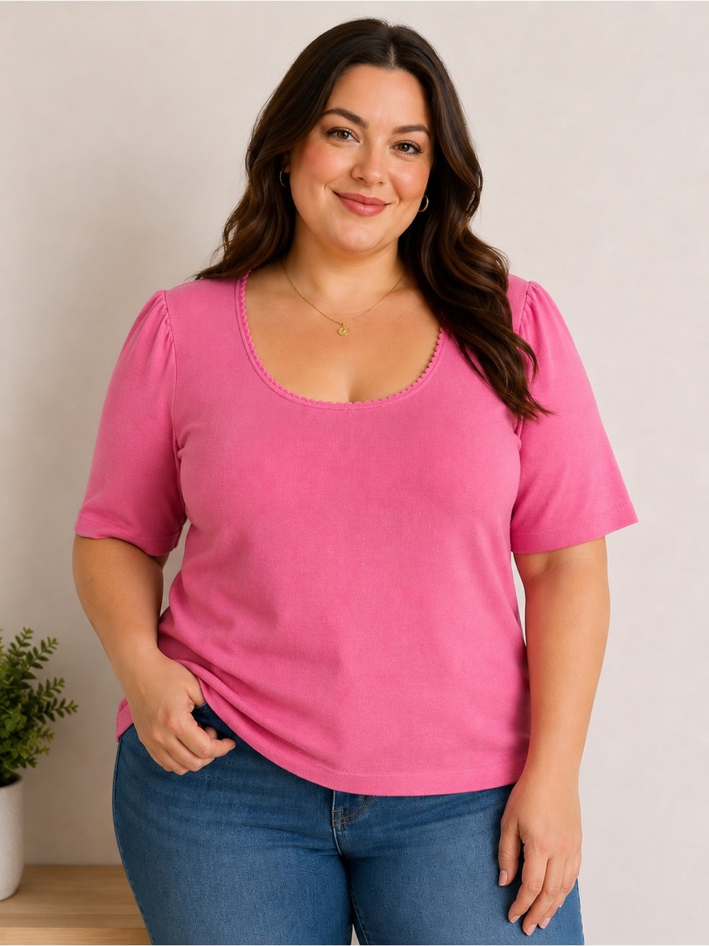 Talbots Bright Pink Scalloped Scoop Neck Short Sleeve Top Plus Size 1X Popover
